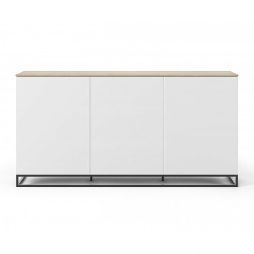 Buffet WHITY blanc mat 180cm 3 portes Plateau chêne clair et pied métallique noir